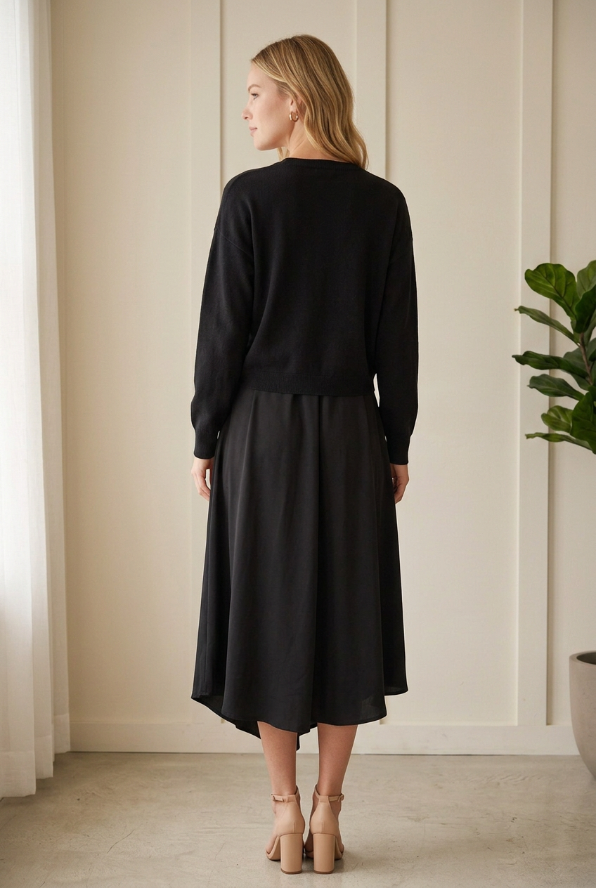 Back view of the Jodifl black two-piece set with long sleeve knit sweater layered over a draped midi dress.
