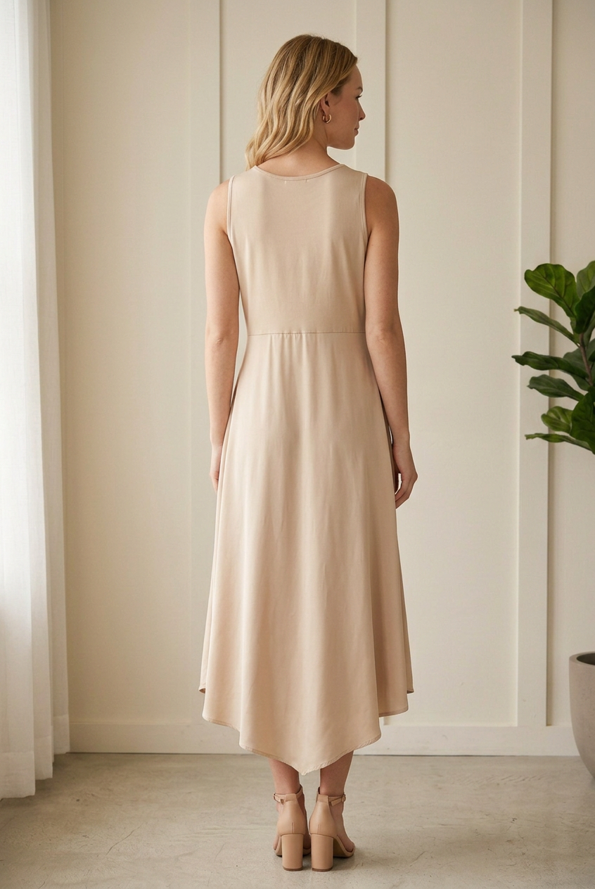 Back view of the Jodifl champagne sleeveless midi dress worn without the coordinating sweater.