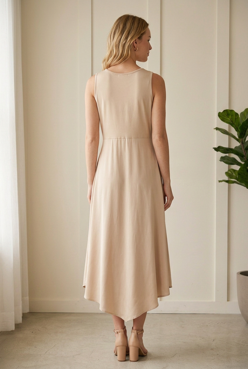 Back view of the Jodifl champagne sleeveless midi dress worn without the coordinating sweater.