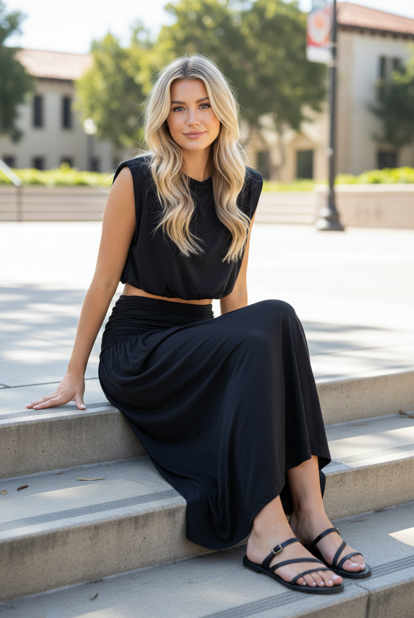 Black sleeveless bubble crop top and flowing ruched waistband maxi skirt, blonde model sitting on concrete campus steps smiling, modal spandex blend two-piece skirt set