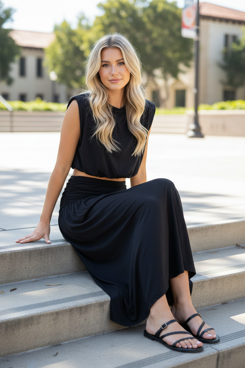 Black sleeveless bubble crop top and flowing ruched waistband maxi skirt, blonde model sitting on concrete campus steps smiling, modal spandex blend two-piece skirt set