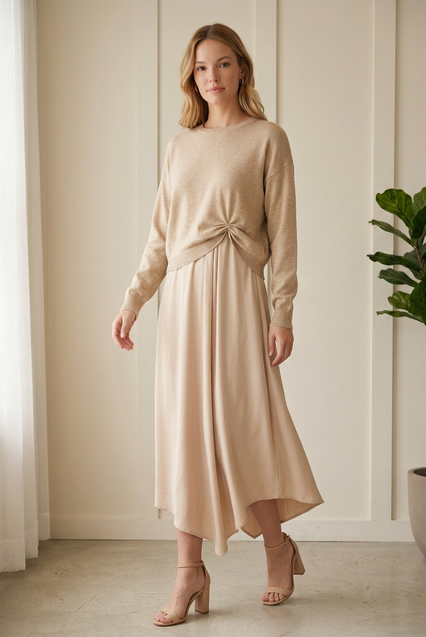 Three-quarter view of the Jodifl champagne sweater and midi dress set featuring a pleated front and asymmetrical hem.