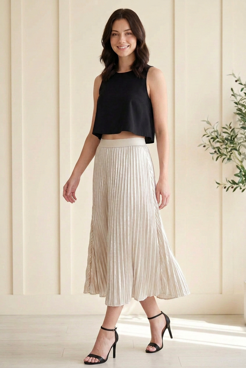 Cream silver metallic pleated midi skirt in motion, highlighting its fluid drape and light-catching finish.