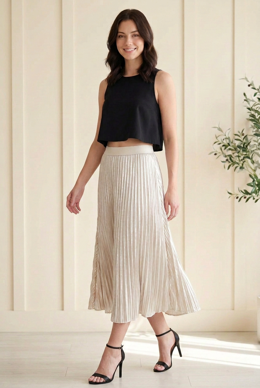Cream silver metallic pleated midi skirt in motion, highlighting its fluid drape and light-catching finish.