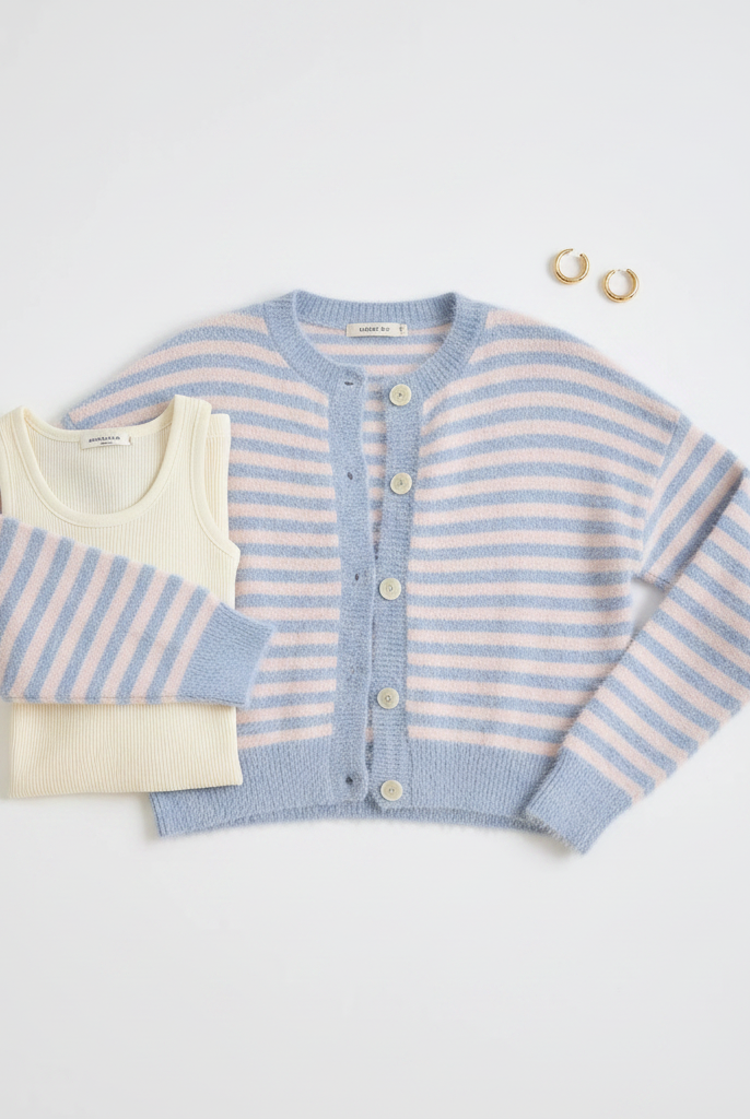 Light blue and blush pink stripe fuzzy knit cardigan flat lay, pearl buttons detail, white background