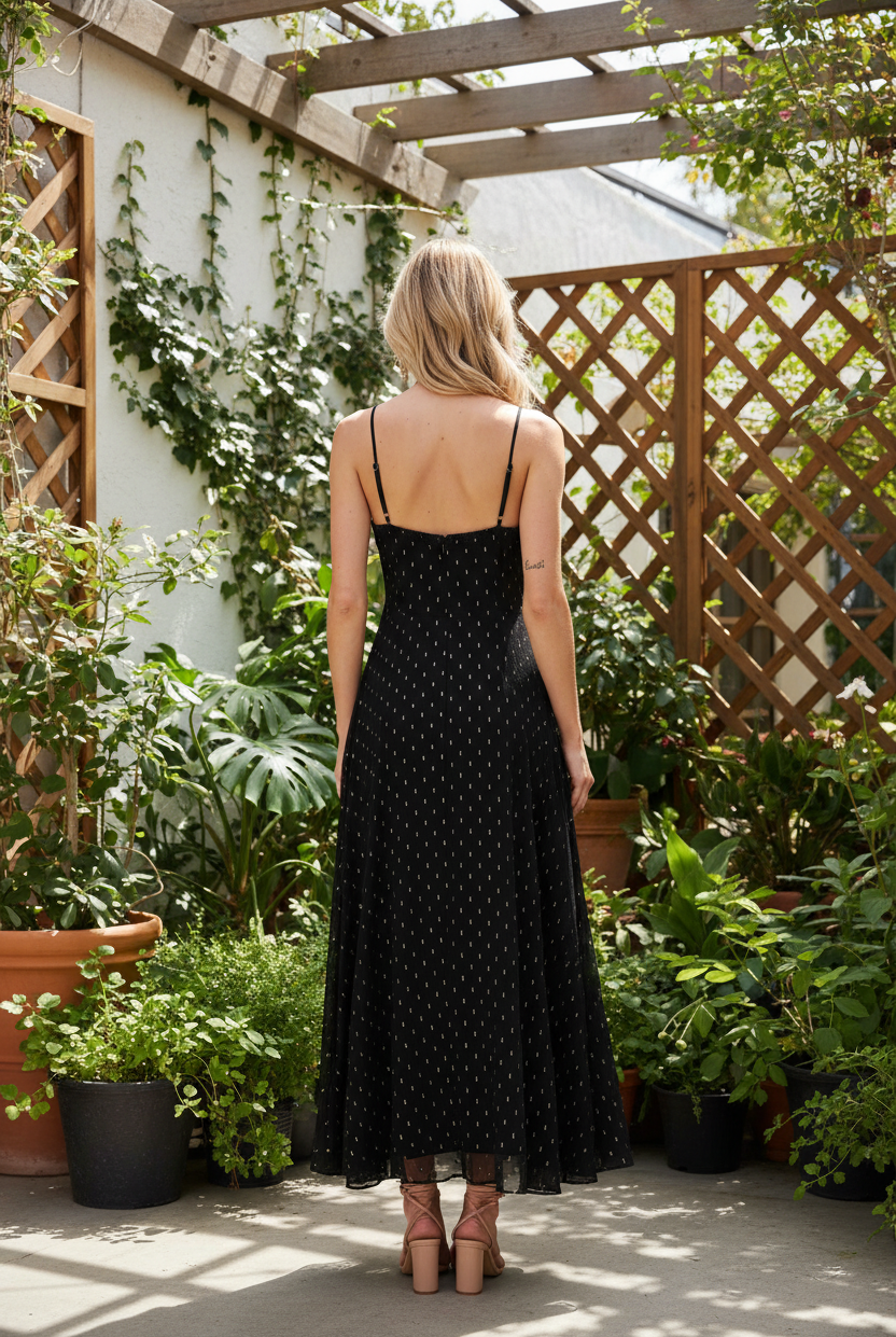 Back view of black polka dot open back maxi dress showing straight spaghetti straps and open back detail — Thread Bar Boutique