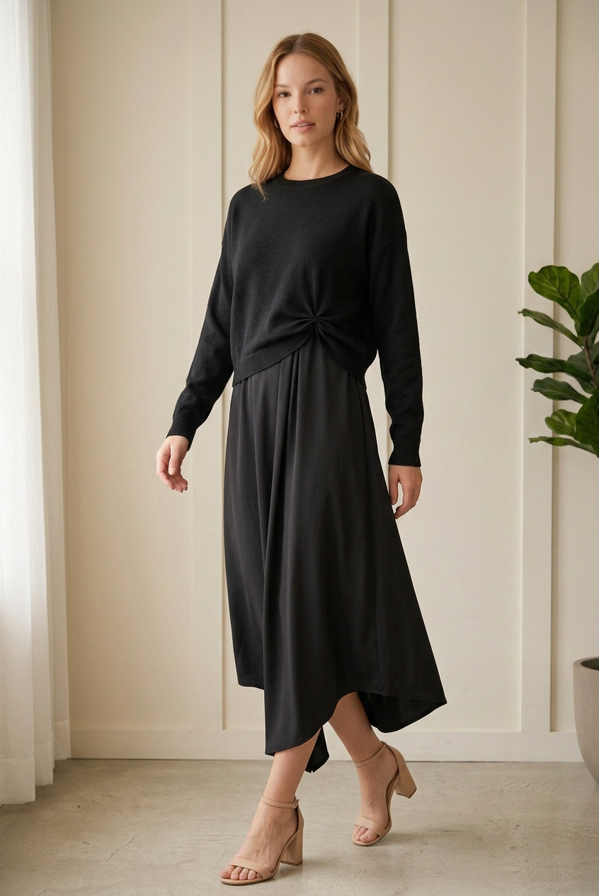 Walking view of the Jodifl black knotted sweater and midi dress set showing the dress’s draped asymmetrical hem.