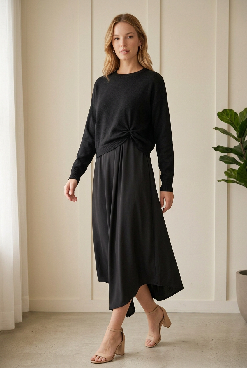 Walking view of the Jodifl black knotted sweater and midi dress set showing the dress’s draped asymmetrical hem.