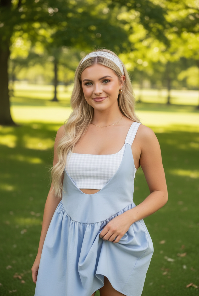 Powder blue mini dress waist-up close-up — built-in white gingham crop bodice and wide ruched strap detail blonde model lace headband park