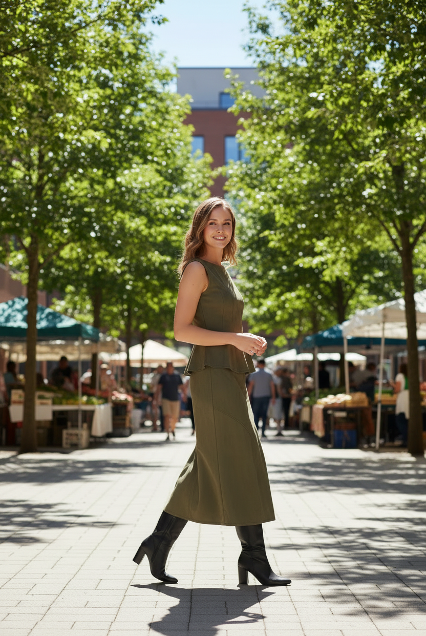 Olive Suede Asymmetrical Mermaid Skirt and Peplum Top Set - walking through outdoor plaza