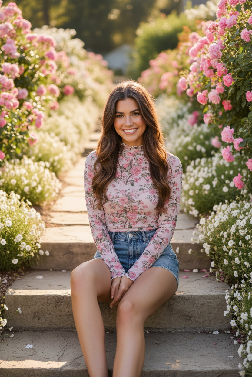 Brunette woman sitting on outdoor stone steps wearing a pink sheer mesh floral rose print mock-neck long sleeve top with ruched lettuce-edge cuffs and fitted seamless silhouette, paired with light wash denim mini shorts