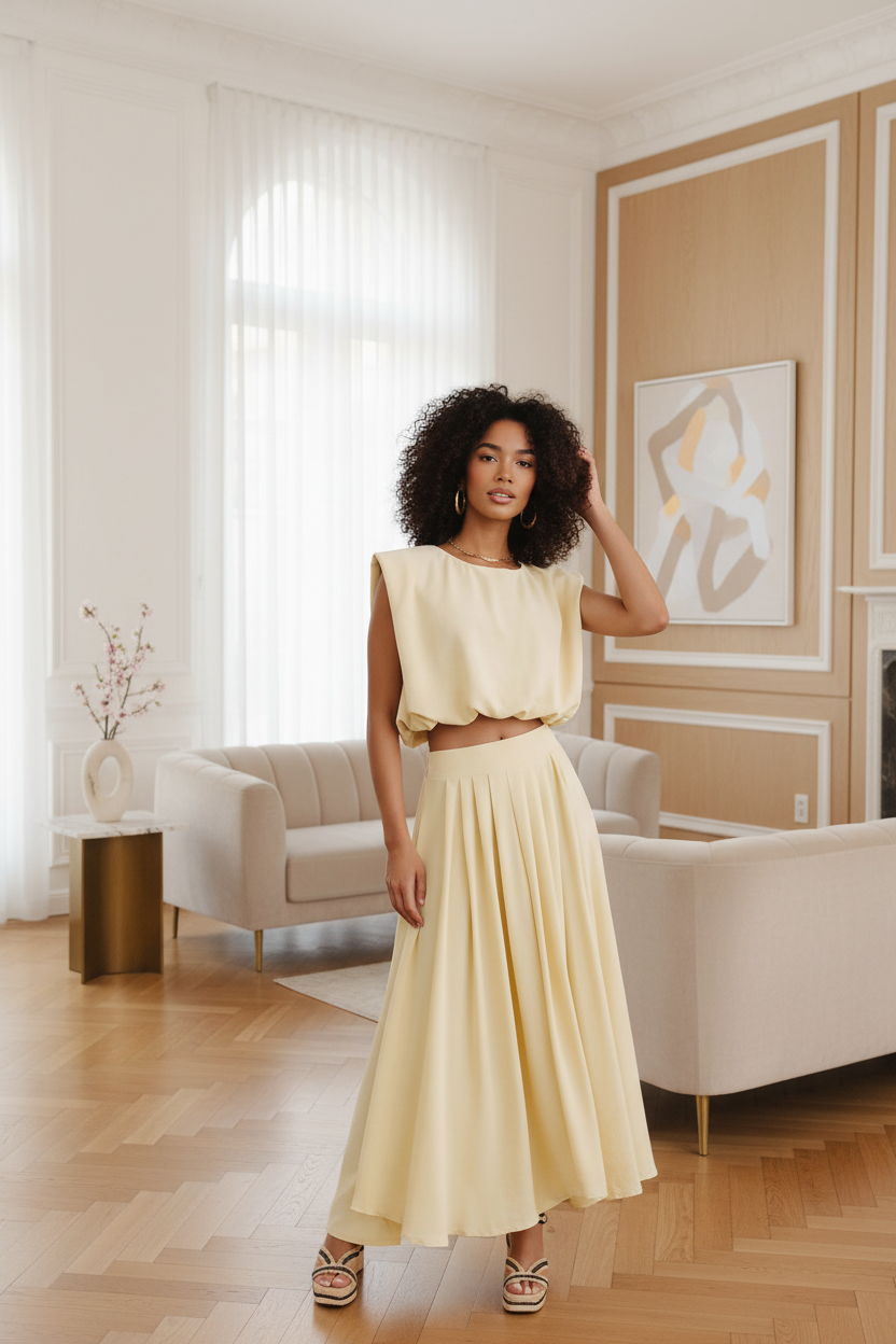 Front view of Chloe butter yellow top and skirt set in elegant lifestyle setting