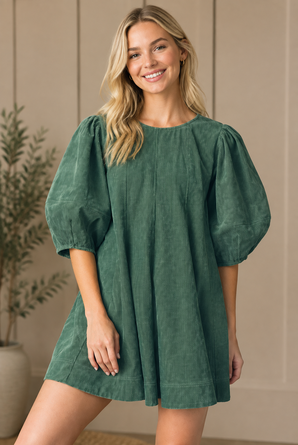 Corduroy mini dress with wide bubble half sleeves and round neckline from Thread Bar Boutique