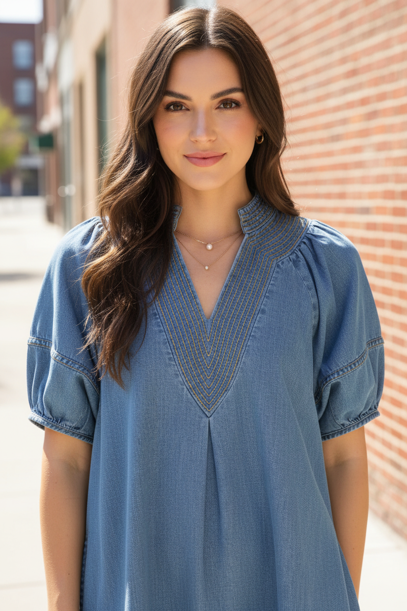 Close-up of deep V-neckline with contrast thread stitching on Umgee light denim mini dress, puff sleeve detail, brunette model on brick wall sidewalk