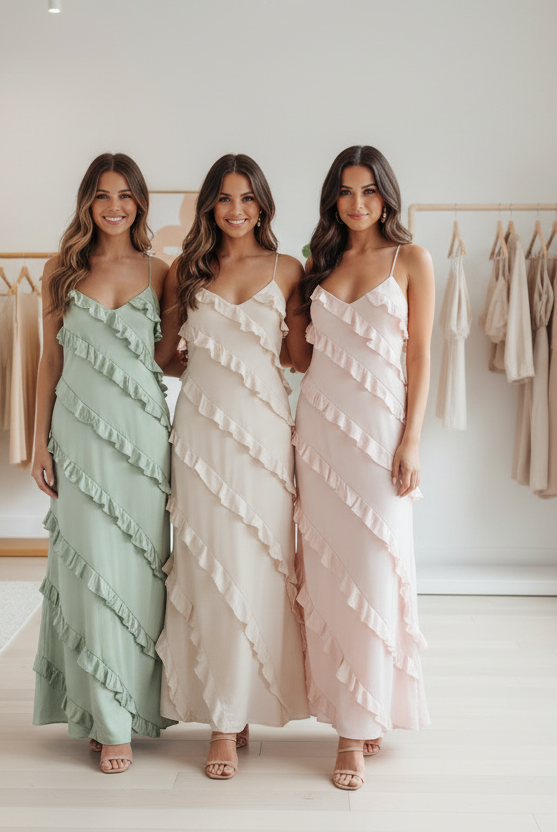 Ruffled Spaghetti Strap Maxi Dress - all three colors sage, beige and blush pink, trio relaxed poses, boutique setting