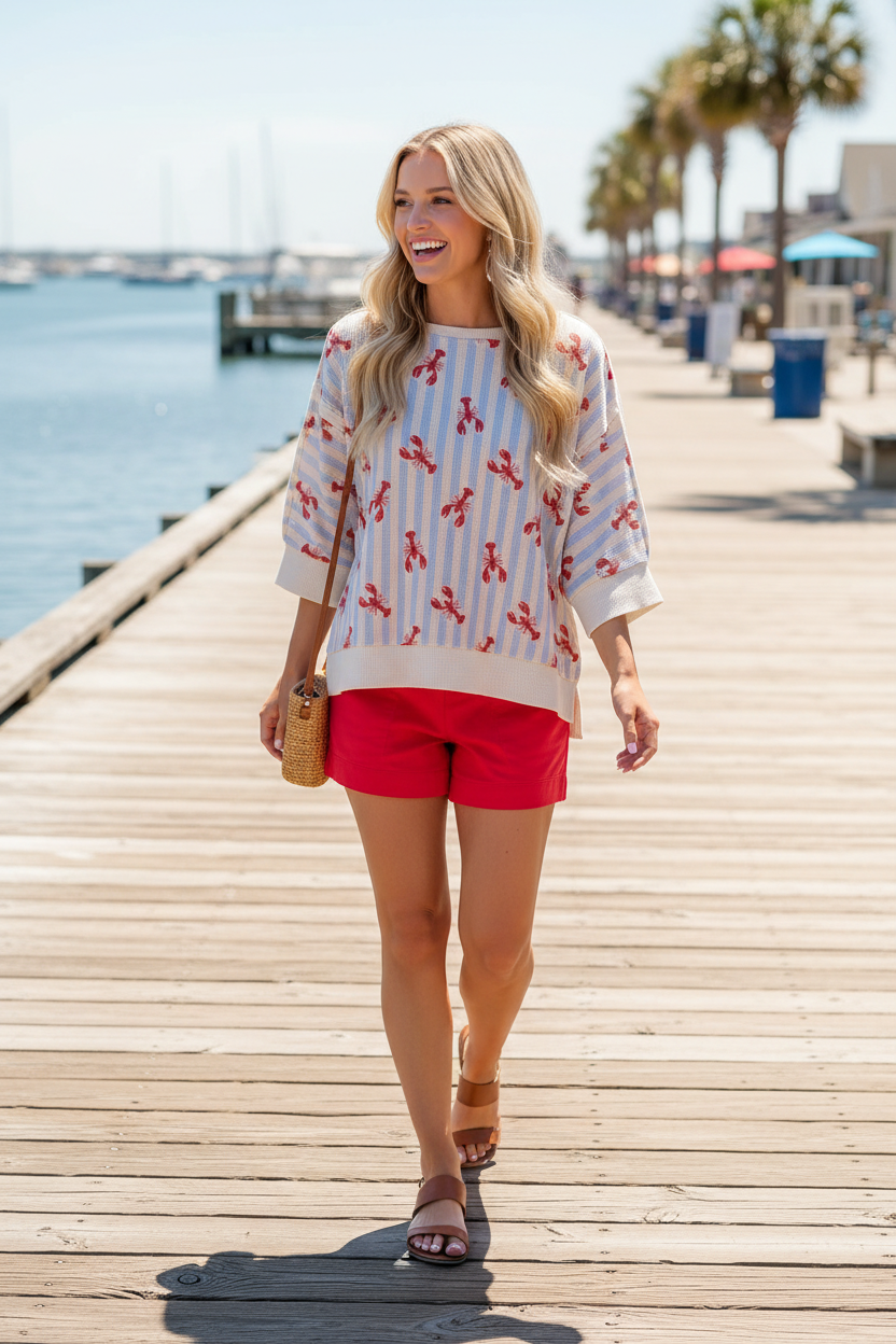 Blonde woman wearing a relaxed lobster and stripe print top with waffle knit short sleeves and red shorts, walking along a sun-drenched waterfront boardwalk — patriotic summer top