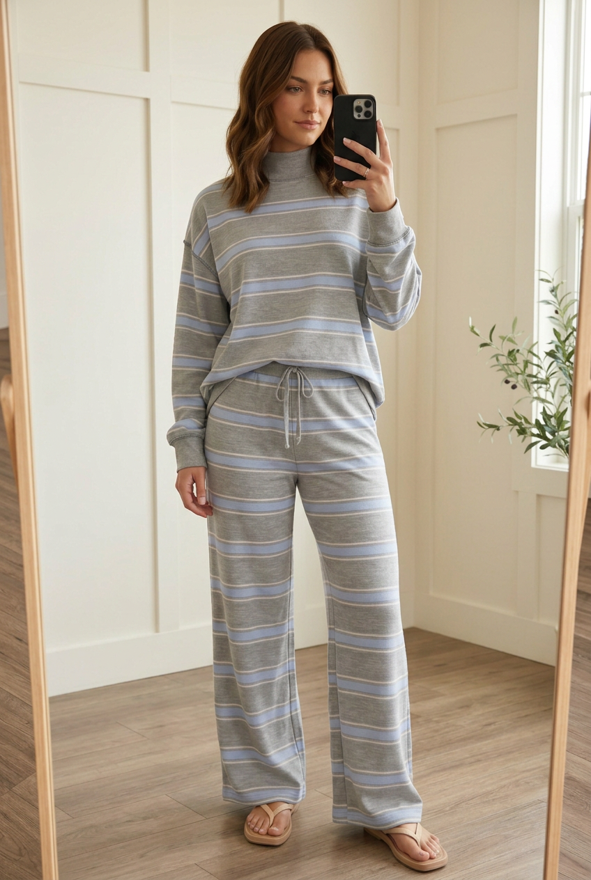 Mirror selfie of the Slow Morning Sky Blue Stripe lounge set with a gray mock neck long sleeve pullover and matching wide leg drawstring pants.
