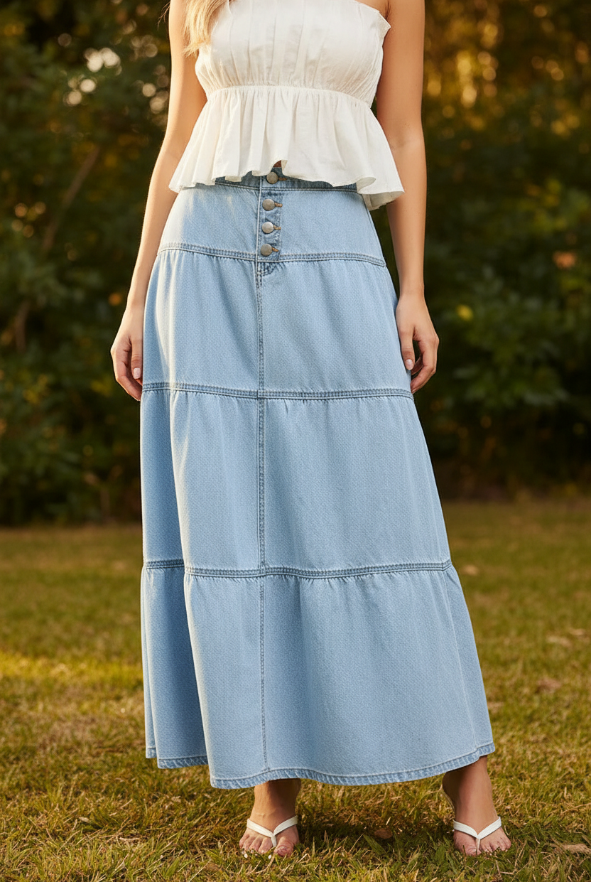 Waist-down detail of Risen light wash denim high rise tiered maxi skirt showing 4-button front placket with exposed silver buttons, center front seam, and topstitched tier seams with gathering detail