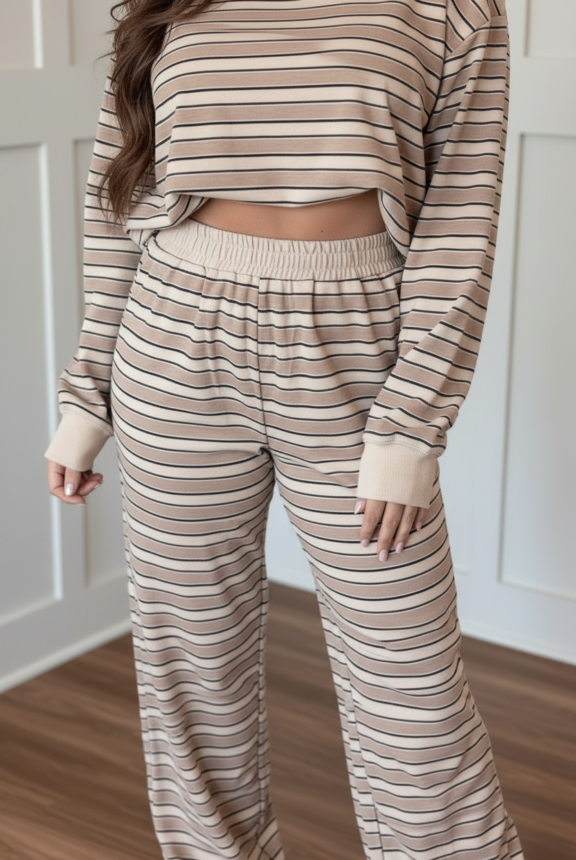 Close-up detail of khaki stripe wide-leg pants with smocked elastic waistband — women's fall two-piece set, S–XL