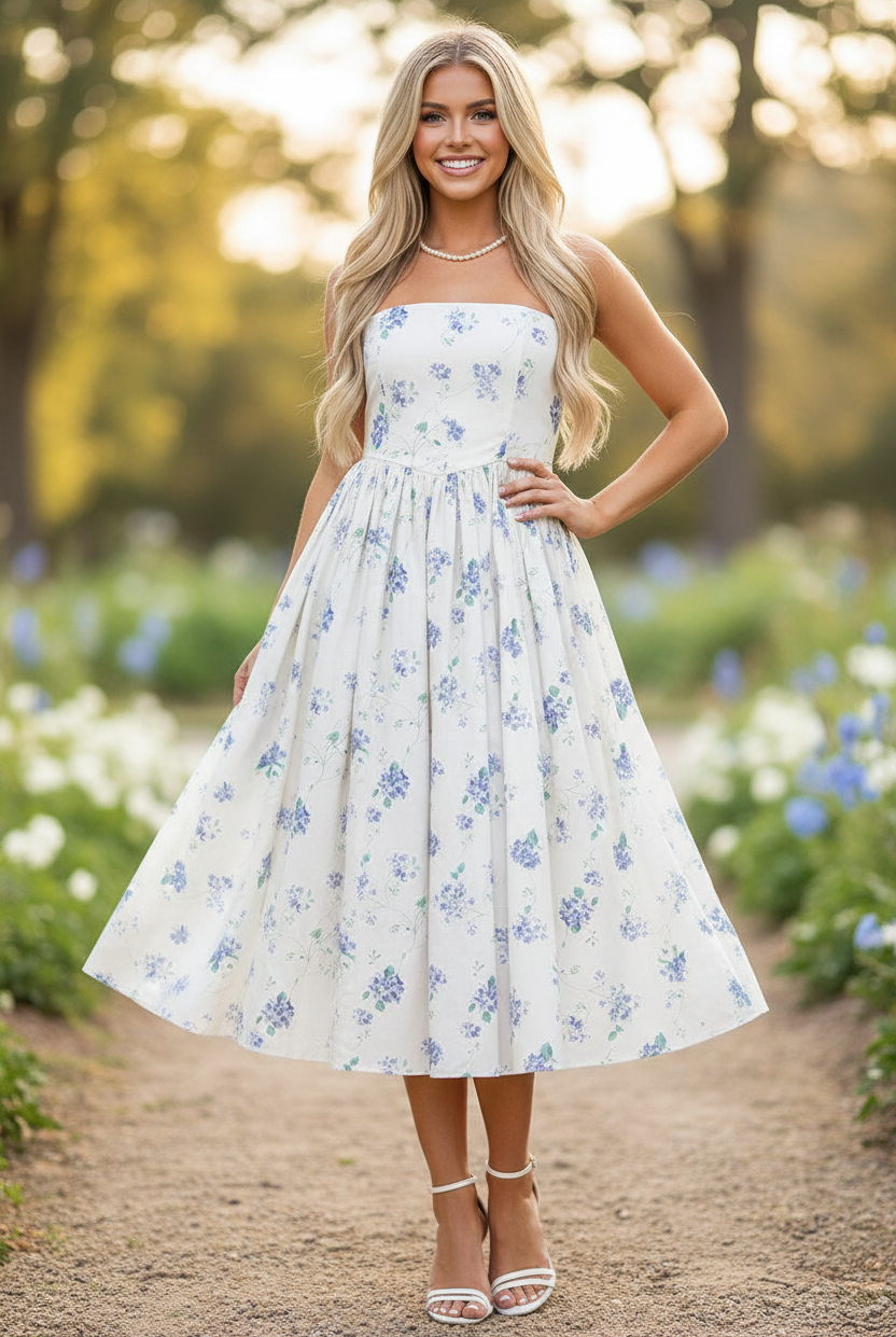 White Blue Floral Strapless Midi Dress lifestyle photo for women from Thread Bar Boutique