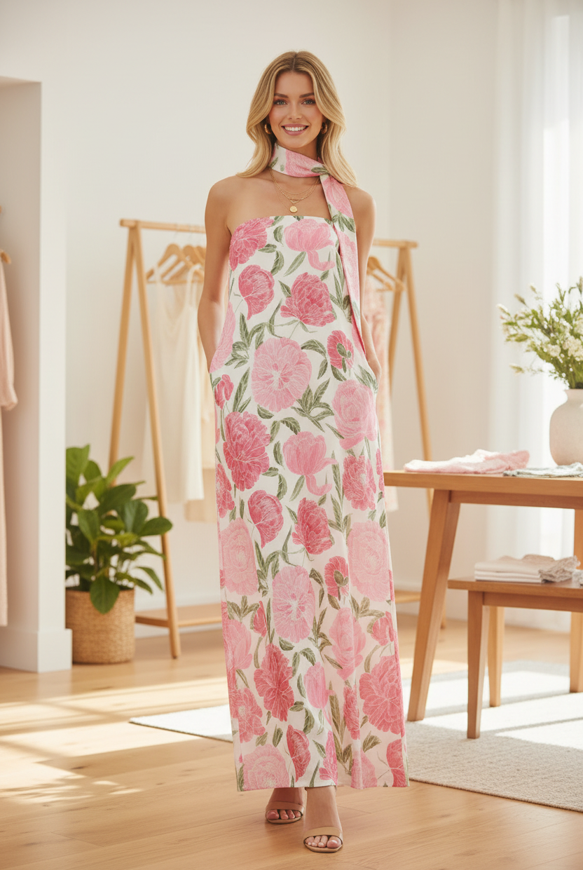 Pink Floral Peony Maxi Dress - Front Hands in Pockets