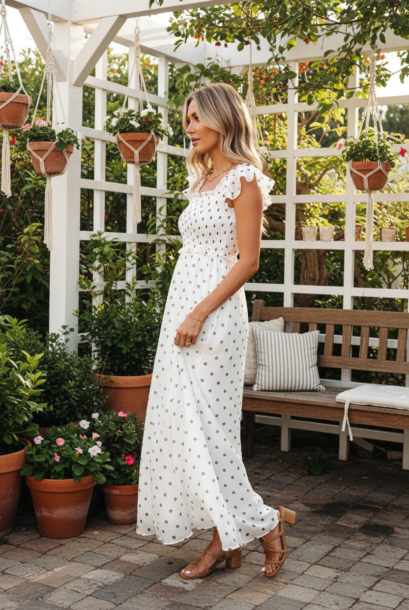 Side view of white polka dot maxi dress showing flutter sleeves and full length silhouette — Thread Bar Boutique