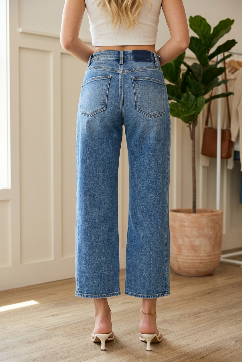 Back view of RISEN cropped barrel jeans showing rear patch pockets, belt loops, denim fading and finished hems.