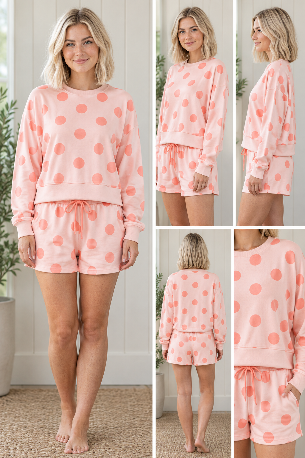 Front view of pink polka dot lounge set with coral dots, relaxed long sleeve pullover and matching drawstring shorts