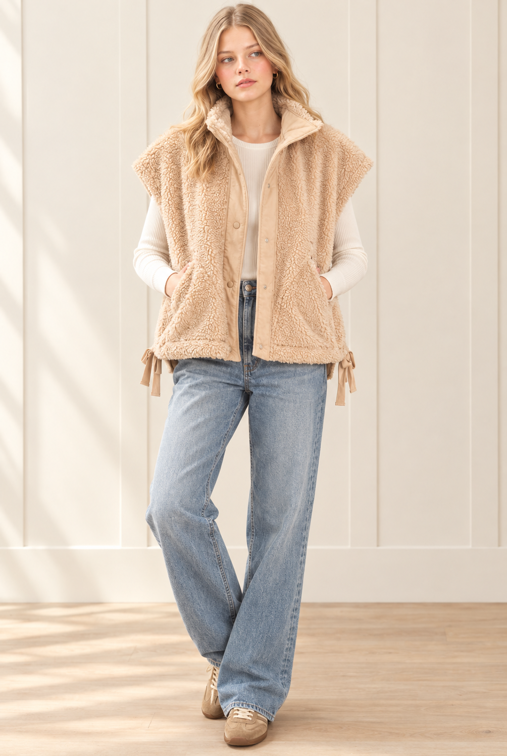 Beige boxy sherpa vest styled with an ivory top, light wash jeans and sneakers