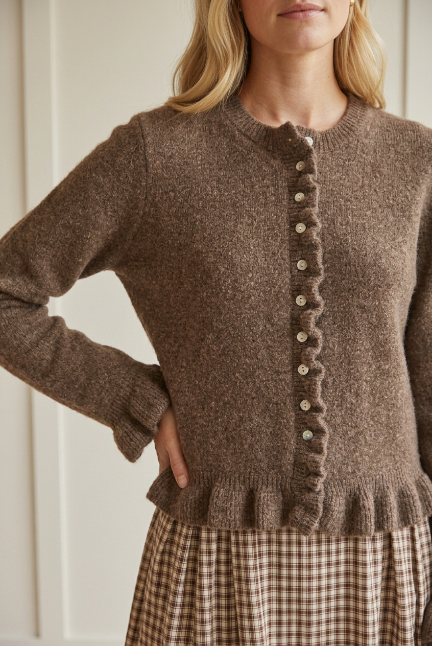 Close-up of the brown cardigan's textured knit, ribbed crew neckline, pale buttons, wavy ruffle placket, and ruffled hem.