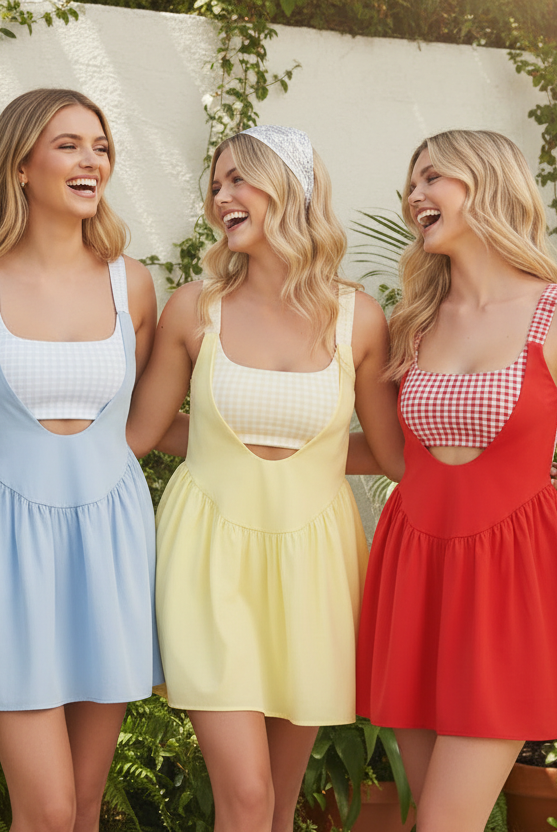Three models wearing the play dress collection in sky blue, yellow, and red gingham colorways, group promo photo in outdoor garden setting