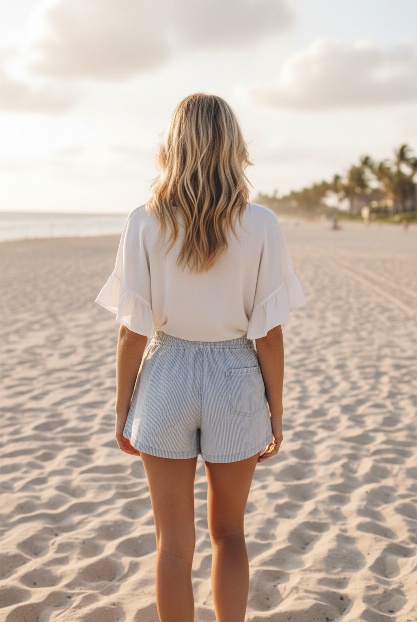 Classic stripe high waist denim shorts back view showing single back pocket, full body beach lifestyle photo