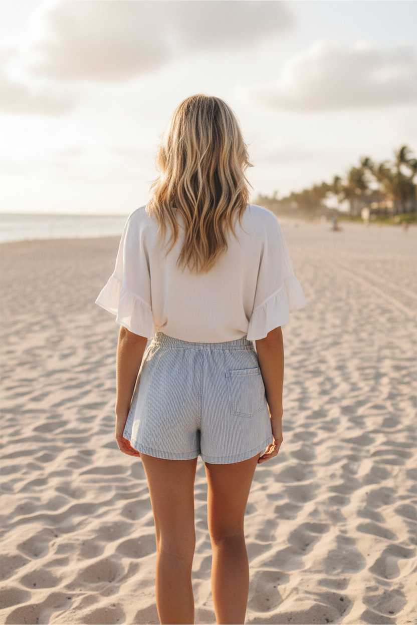 Classic stripe high waist denim shorts back view showing single back pocket, full body beach lifestyle photo