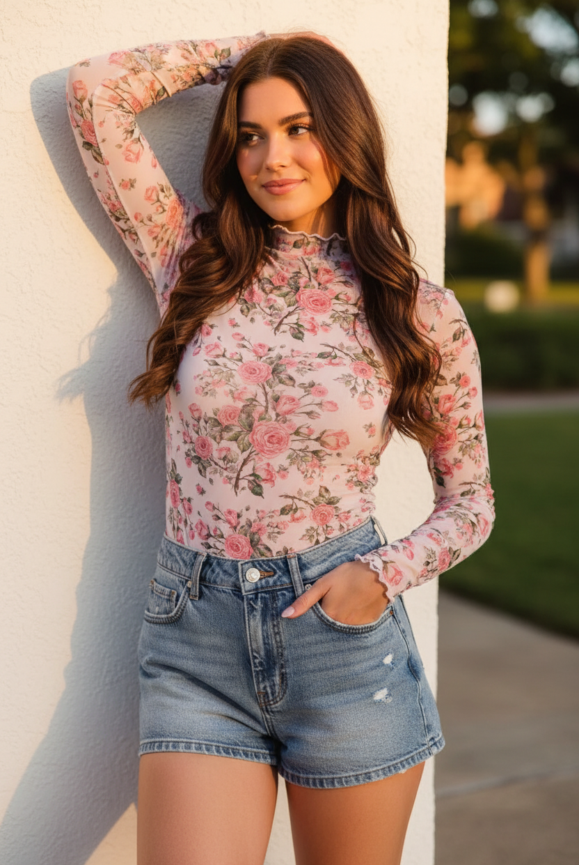 Brunette woman in a pink floral rose print sheer mesh mock-neck top with ruched lettuce-edge cuffs, arm raised candid pose against a white wall in golden afternoon light, paired with light wash denim mini shorts