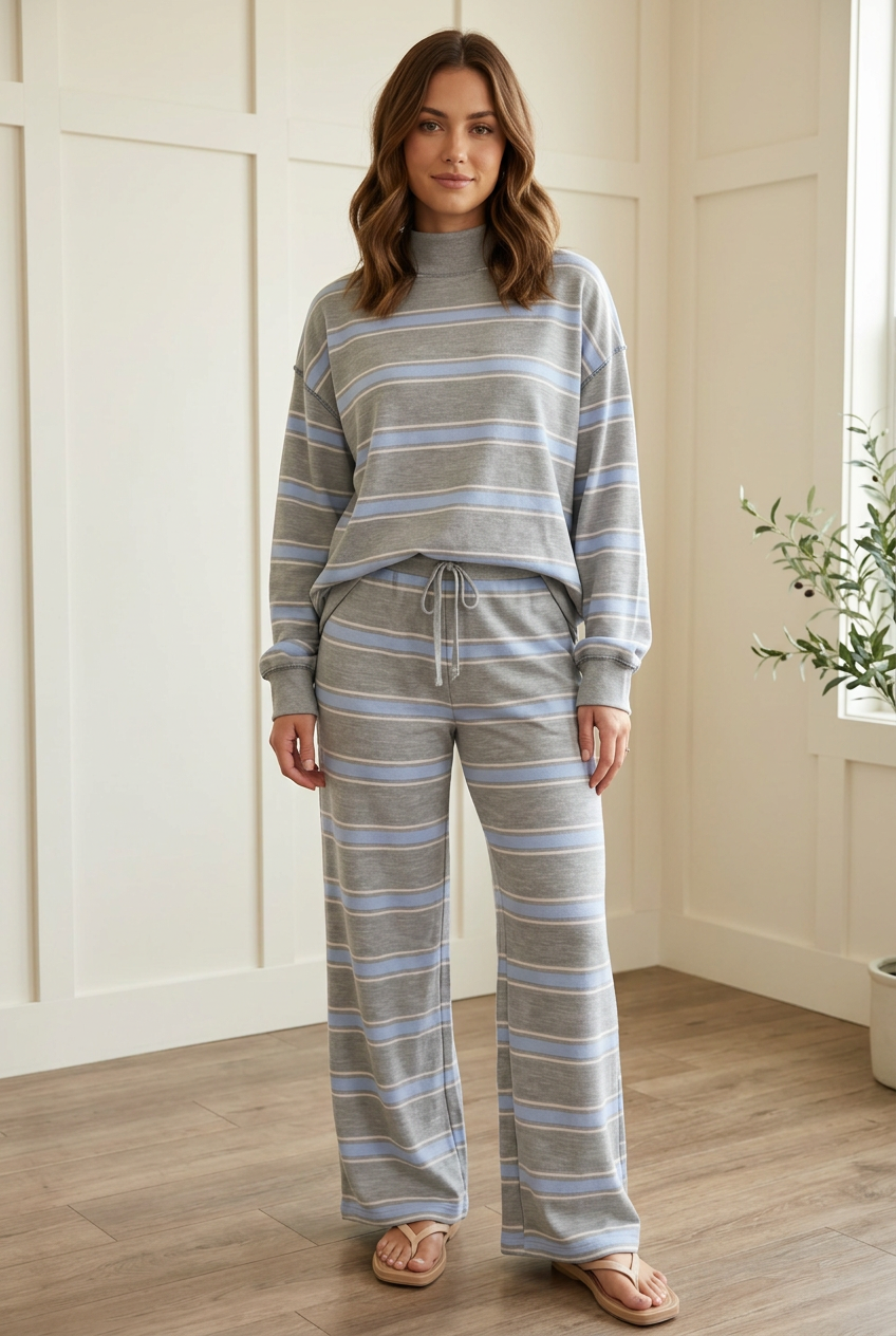Front view of the Slow Morning lounge set in Sky Blue Stripe with a gray mock neck pullover and matching wide leg pants.