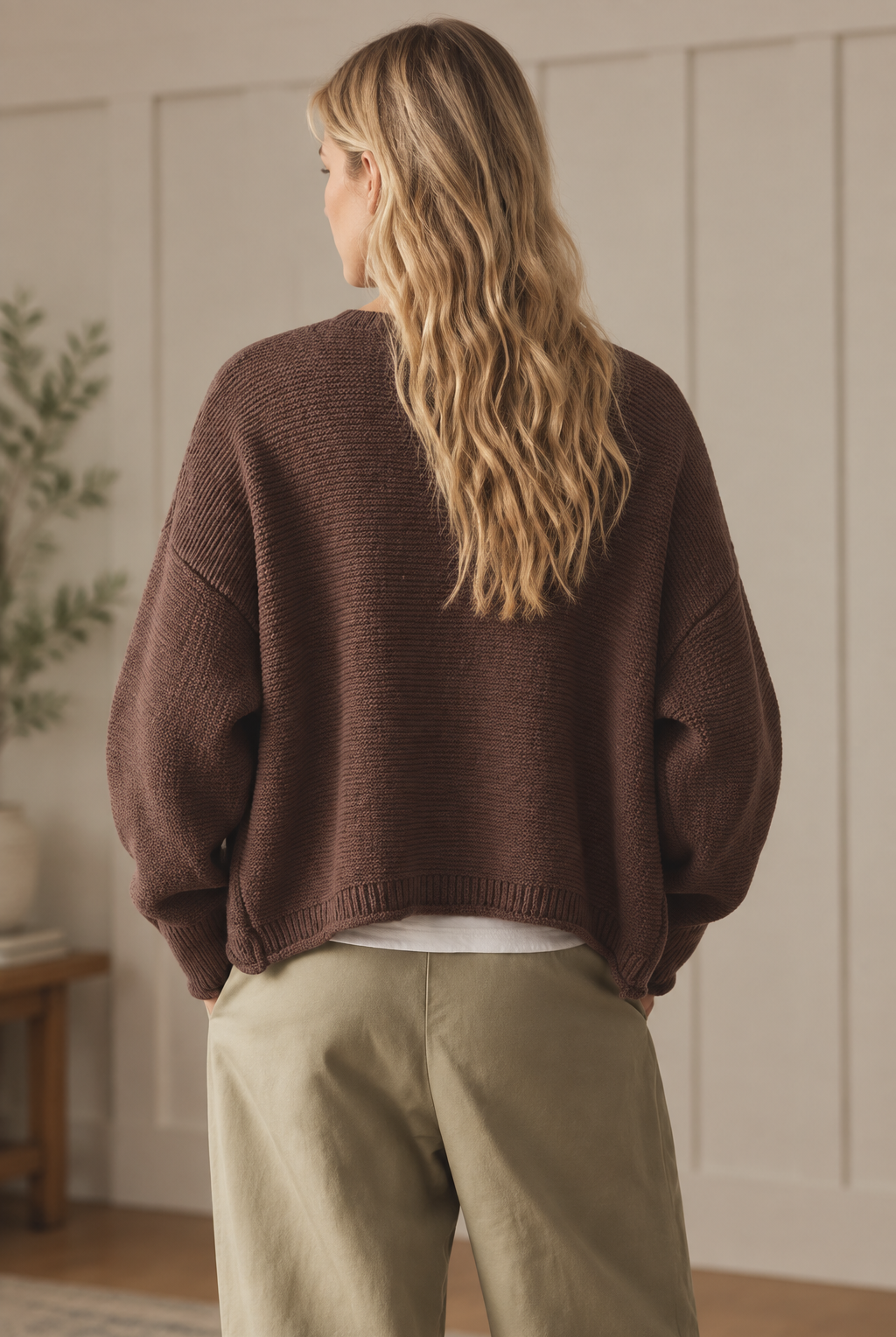 Brown cropped knit cardigan showing relaxed back fit and ribbed cuffs from Thread Bar Boutique