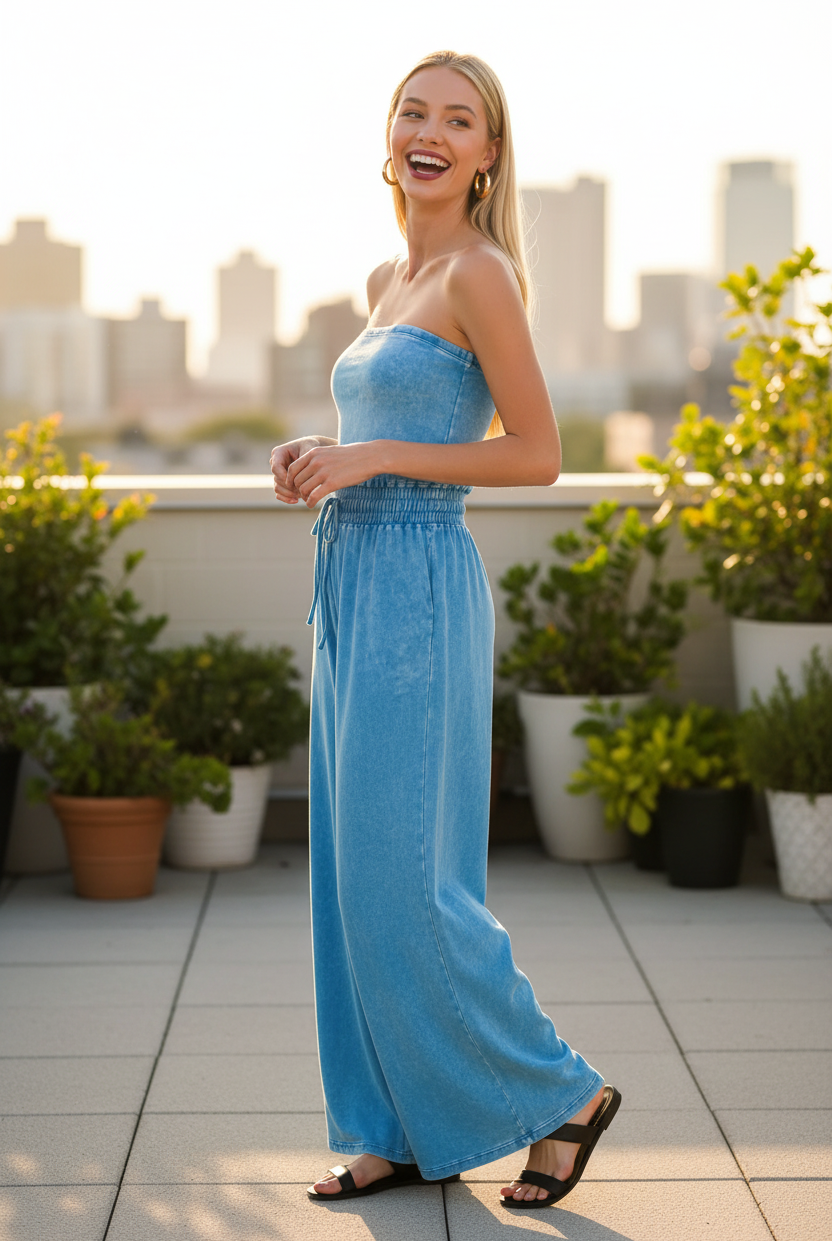 Deep sky acid wash wide-leg jumpsuit three quarter side view — full-length palazzo silhouette blonde model rooftop terrace lifestyle