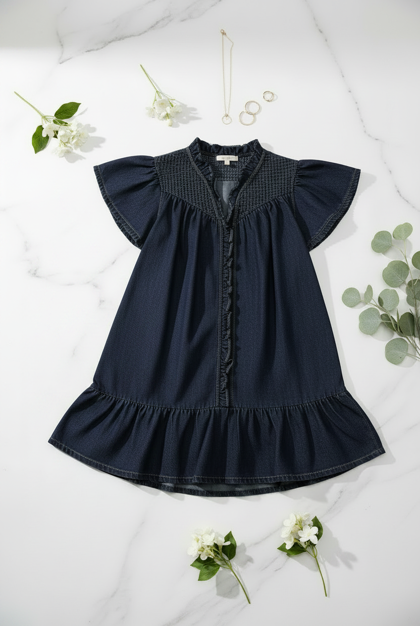 Ruffled Washed Denim Dress - Decorated Flat Lay