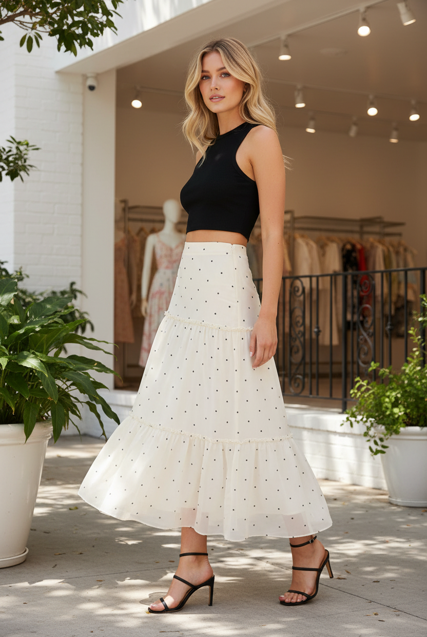 Side view of black and white polka dot tiered ruffle midi skirt showing layered ruffle construction and midi length — Thread Bar Boutique