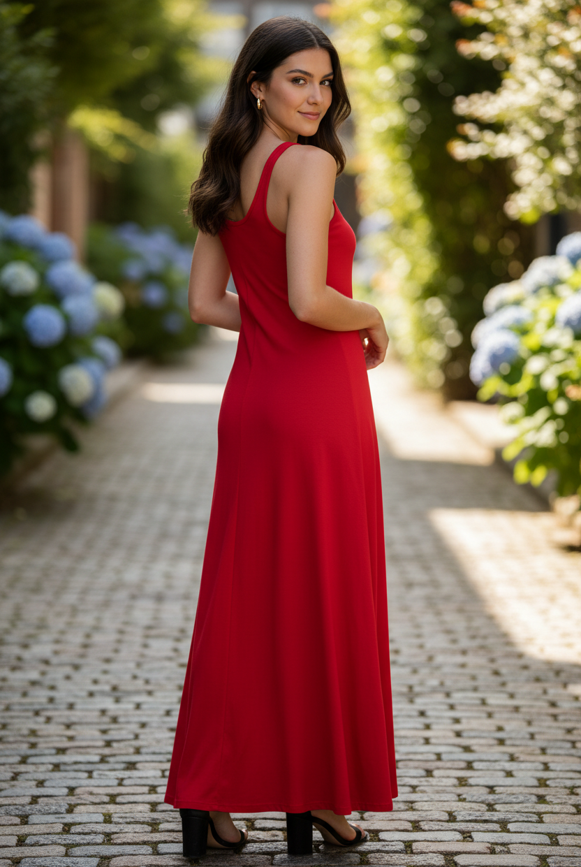 Red scoop neck maxi tank dress rear view — wide straps and flowing A-line skirt detail outdoor lifestyle