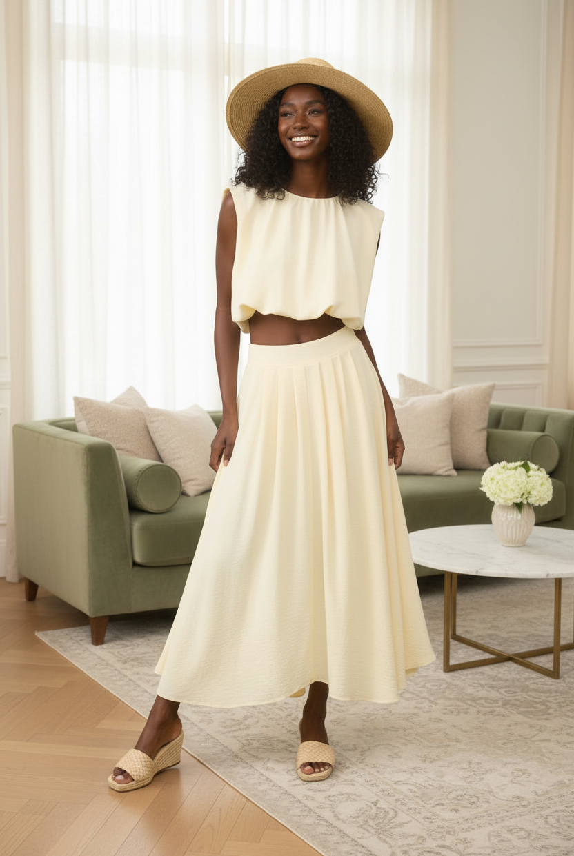 Butter yellow crop top and flowy skirt set in elegant lifestyle setting