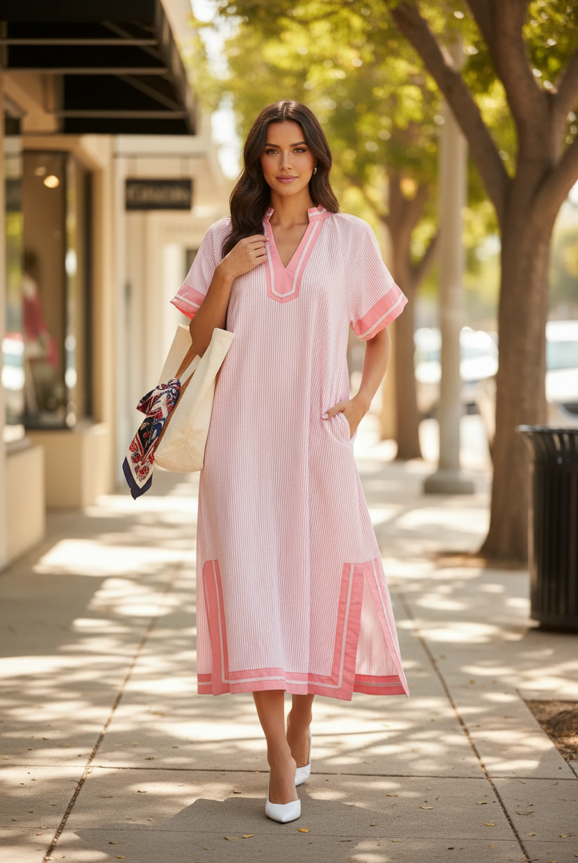 Brunette model walking in Umgee pink pinstripe midi dress with cream canvas tote and silk scarf, outdoor boutique lifestyle shot with dress flowing naturally