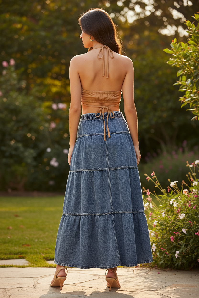 Back view of Risen denim tiered maxi skirt showing elastic waistband, 3 tiered panels with topstitched seams, and full A-line flare to ankle
