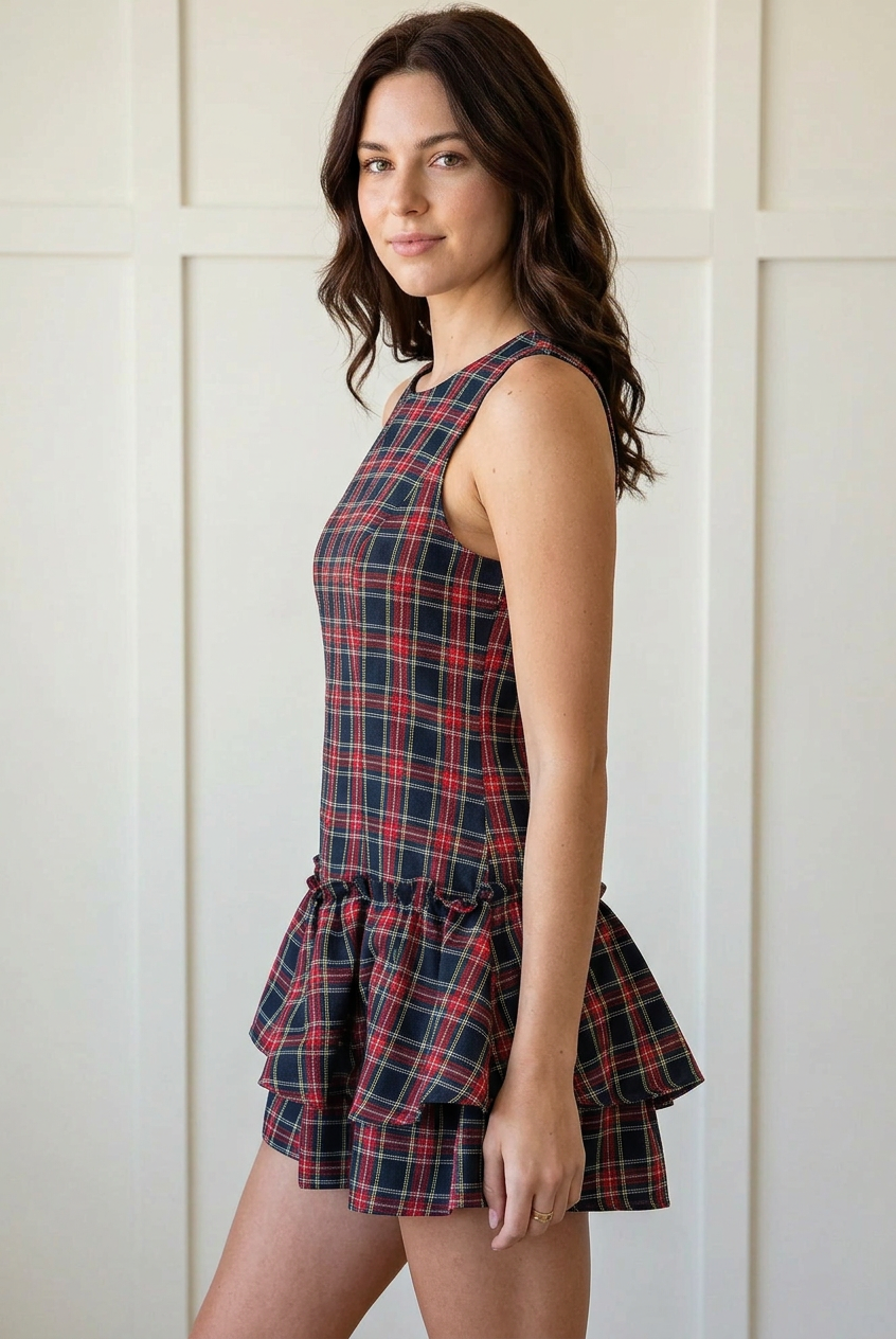 Side view of the tartan plaid romper highlighting its round neckline, fitted elongated bodice, and layered ruffles above the short hems.