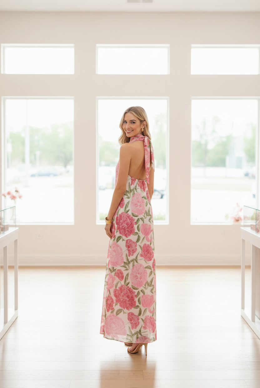 Pink Floral Peony Maxi Dress - Back View Open Back