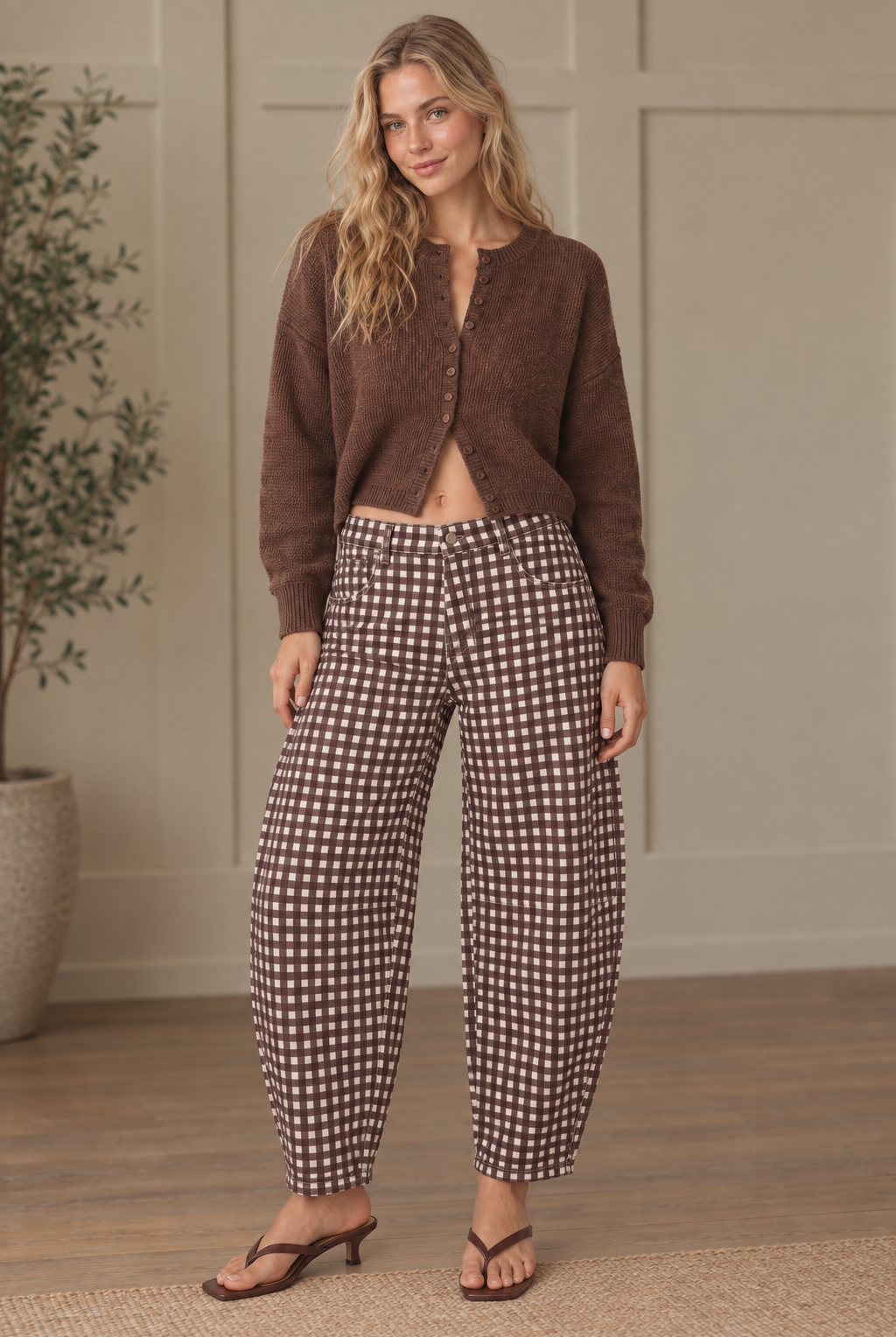 Brown and cream gingham barrel-leg pants with rounded legs and tapered ankle hems, front view.
