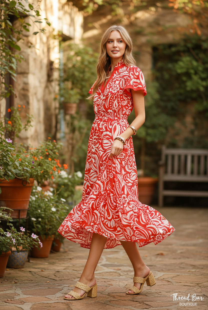 Red paisley print flutter sleeve midi dress three-quarter walking pose showing skirt movement and tiered ruffle hem, elastic waist, outdoor boutique lifestyle