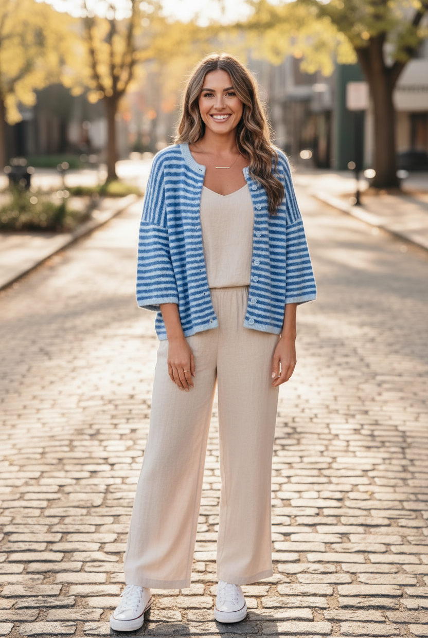 Full body front view of brunette woman outdoors wearing blue stripe boxy knit cardigan open over cream linen tank top with wide-leg linen pants and white sneakers