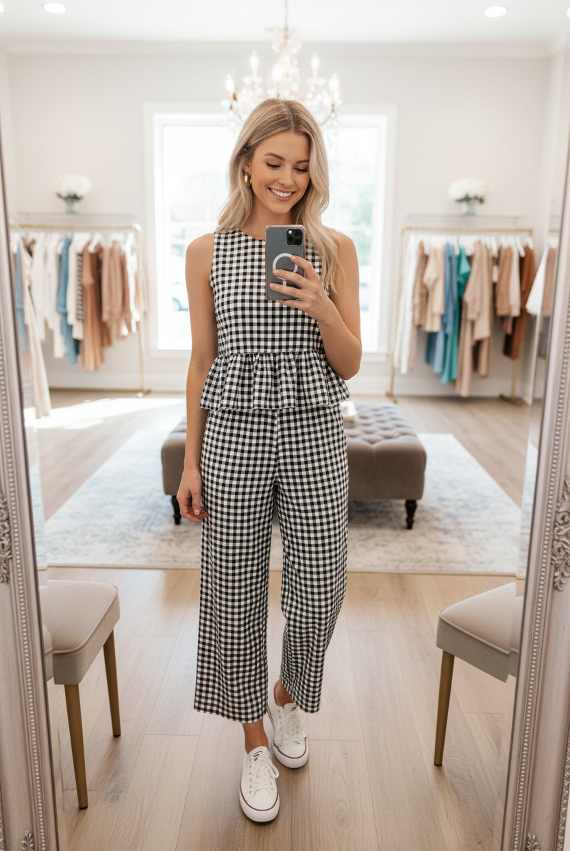 Blonde model taking mirror selfie in boutique dressing room wearing black white gingham peplum top and wide-leg trouser set
