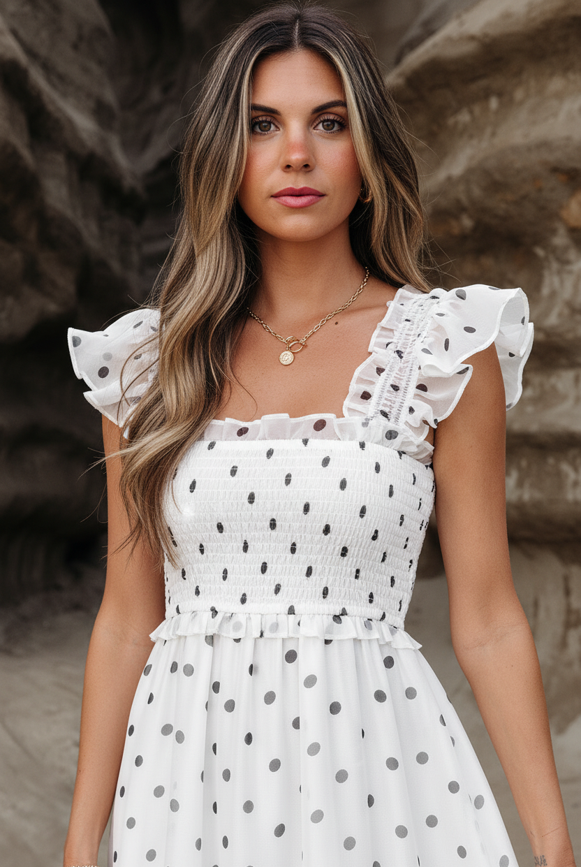 Close-up of white polka dot dress showing square neckline and smocked bodice detail — Thread Bar Boutique